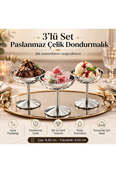 Turkco Silver Stainless Steel Footed Ice Cream Bowl Sweet Delight and Fruit P...
