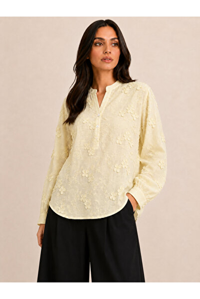 berlanty Women's Embroidered Floral Elegant Blouse - Light Yellow (Pastel)