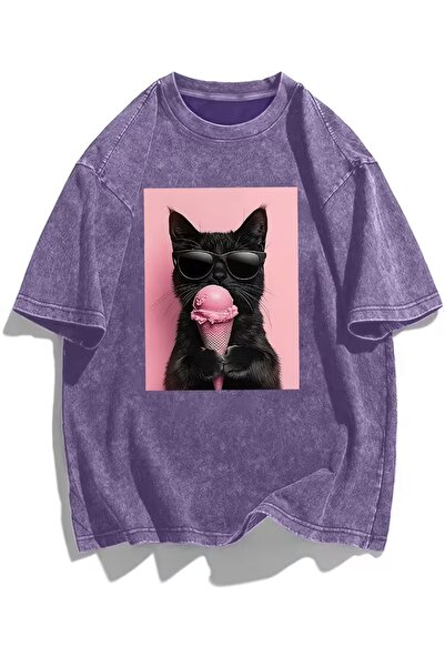 Toum Ice Cream Cat Printed Washable Vintage Unisex Oversize T-Shirt