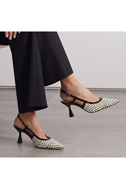 Platin Black Knitted Leather Women's Heeled Shoes