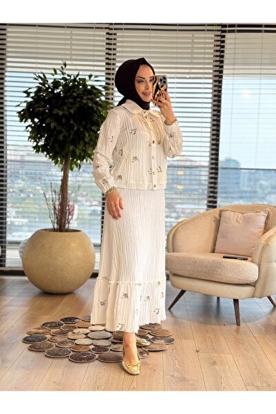 ORHAN STORE 02-2922 Waffle Top with Floral Embroidery Set Ecru