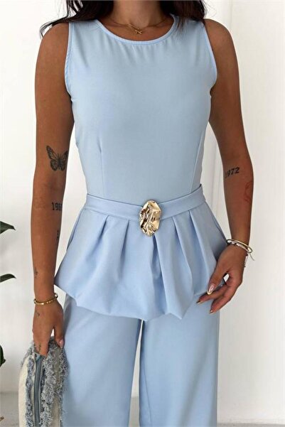 Neşeli Butik Kaldın Baby Blue Sleeveless Gold Buckle Detailed Peplum Cut Prem...