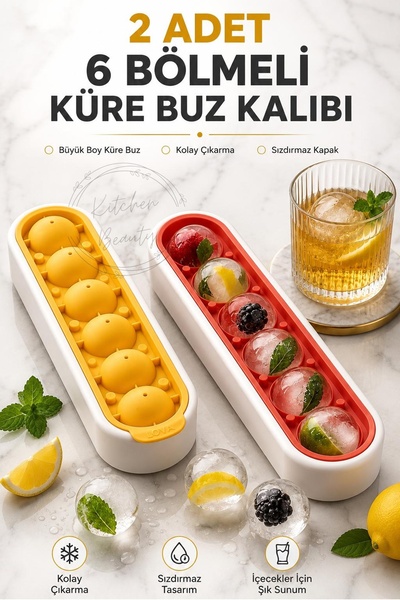 Kitchen Beauty 2 Adet Kapaklı Yuvarlak Şekilli 6 Bölmeli Premium Buz Kalıbı İ...
