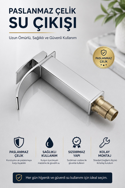 KUSTAR Şelale Lavabo Bataryası Krom – Tek Kollu Kare Banyo Lavabo Musluğu, Sıcak Soğuk Su Karışımlı Modern Armatür