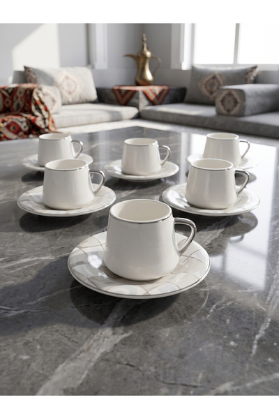KOZE Turkish Ceramic Coffee Cup Set 12 Pieces - 6 Cups with 6 Saucers