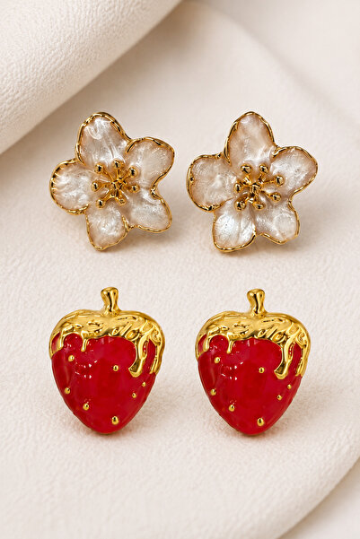 MRK Set of 2 Earrings Enamel Flower Strawberry Earrings
