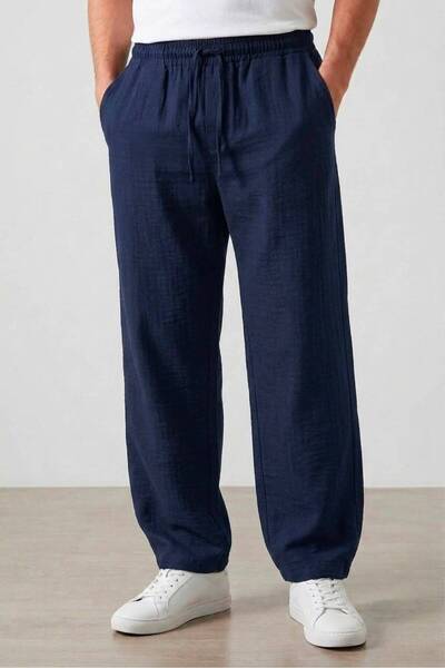 assef Men's Baggy Loose Fit Navy Blue Linen Trousers Lightweight and Comfortable