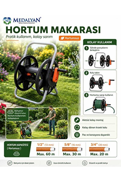 Medalyan Hortum Makarası Hortumsuz Bahçe Hortumu Sarma Aparatı 60 Metre Kapas...