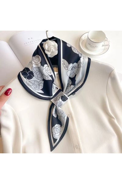 EMAYS DESIGN Women's Black and White Floral Pattern Satin Tie Scarf Neck Scar...