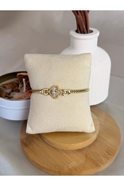 ANKA JEWELLRY Zircon Stone Clover Detail Gold Women's Steel Bracelet