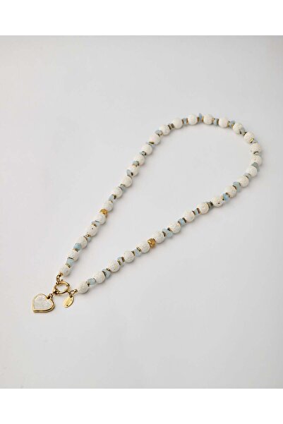 THE GEM STORIES JEWELRY Κολιέ Καρδιά από Λευκή Λάβα και Ακουαμαρίνα