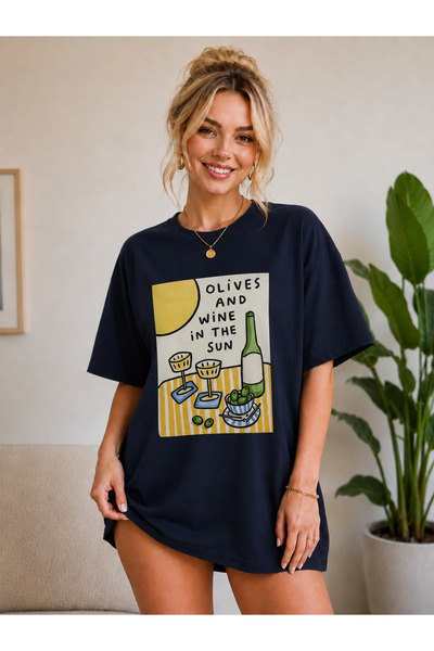 FECCY Premium Olives Printed Oversize Women's T-Shirt Cotton Oversize T-Shirt