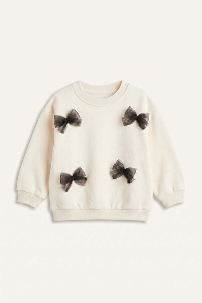 DeFacto Crew Neck Bow Detailed Ecru Sweatshirt for Baby Girl I1017A526Au
