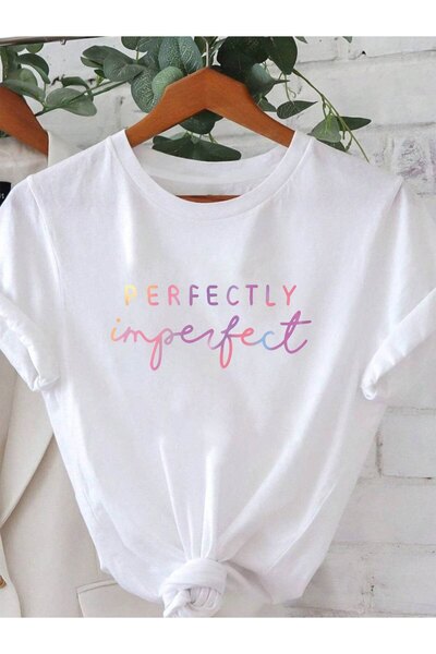 212Wear Perfectly Imperfect Letter Print T-Shirt, Short Sleeve Crew Neck Casu...