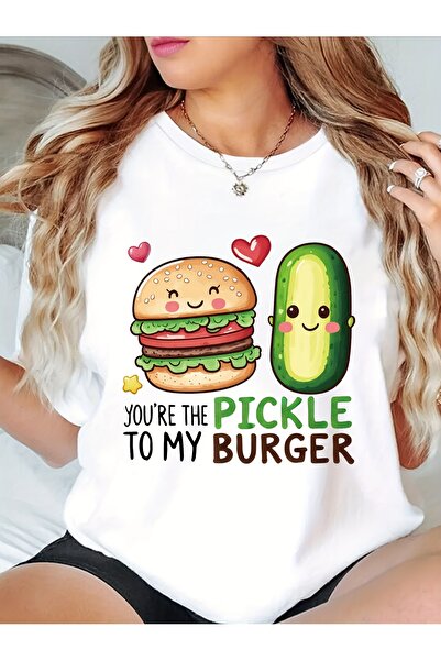 En22 Women'S Pickle & Burger Print T-Shirt - Crew Neck Short Sleeve Top, cott...