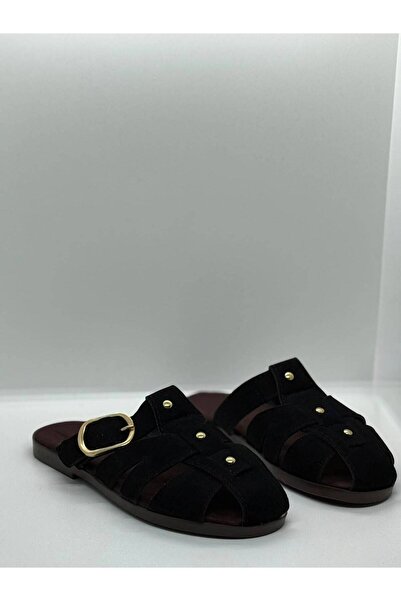 LUNA BY ALİHAN AYDEMİR Luna Black Suede Belt Detailed Gold Buckle Flat Sole Summer Comfortable Women's Slippers