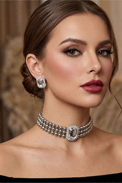 bb bridal boutique Baget Gümüş Taşlı Gri Boncuklu Choker Set Takım, Gri Boncu...