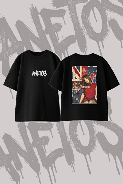 Anetos Pink Pantheress_6 Σχέδιο με στάμπα στην πλάτη, βαμβακερό μαύρο μπλουζά...