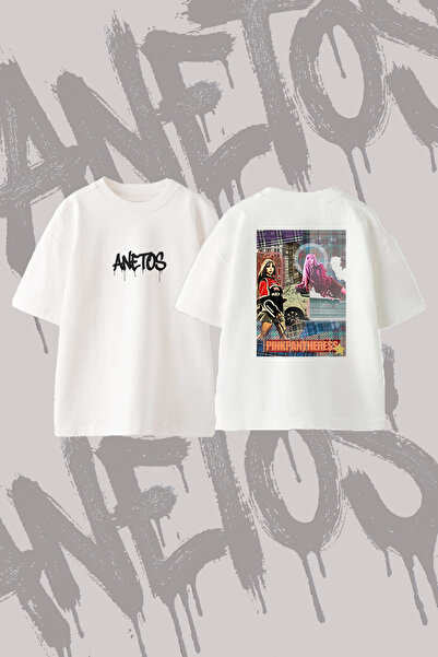 Anetos Pink Pantheress_4 Design Back Printed Cotton White Oversize T-Shirt