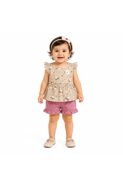 Genericc Girls' Floral Blouse and Ruffle Shorts Set, Size 1 and 2 Years