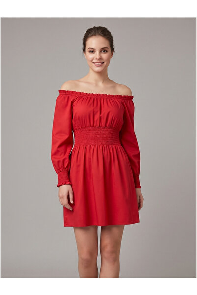 gökçesu Women's Carmen Collar Long Sleeve Elastic Waist Mini Dress