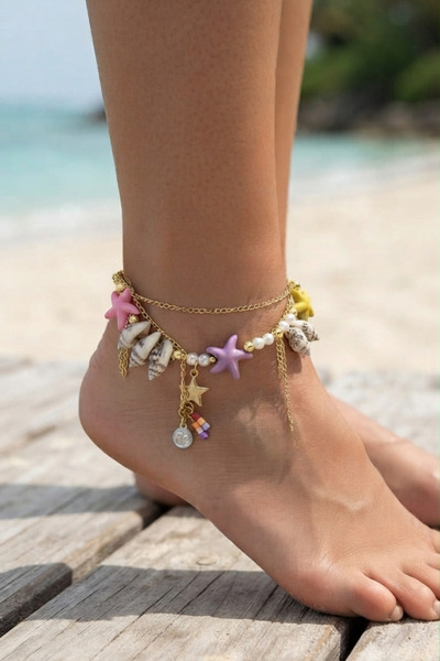 PETEK AKSESUAR 2-Pack Colorful Sea Star Natural Stone Pearl Ankle Bracelets