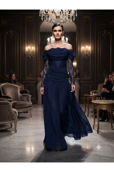 REVE Navy Blue Long Evening Dress, Elegant Design with Off-The-Shoulder Lace ...