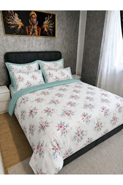 JOJO Set lenjerie pentru pat dublu, 6 piese,cearceaf de pat fara elastic, Flo...
