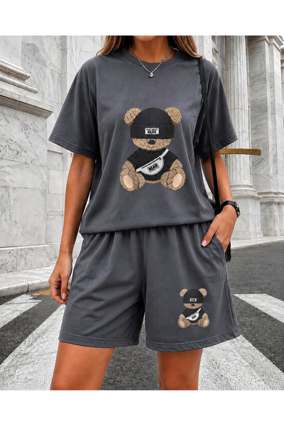 ZAVIXO Γυναικείο Σετ 2 τεμαχίων με σορτς με στάμπα Teddy Bear σε μεγάλο μέγεθος