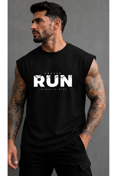 FAVORİST FASTER RUN Ανδρικό μπλουζάκι με στάμπα και μανίκια zero (100% ΒΑΜΒΑΚΙ)