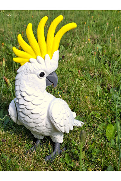 Dekoratif Kakadu Papağanı Figürü Sarı İbikli Hediyelik Bahçe Ev Süsü - 25 cm
