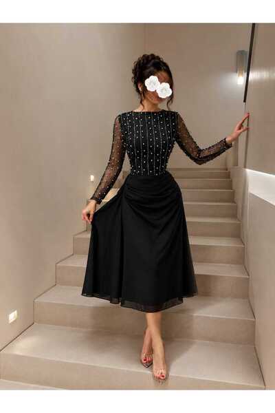 SAMEERAH STYLE Beaded Midi Dress with Sheer Chiffon Sleeves