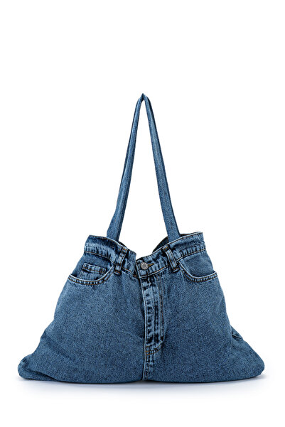 minebag Denim Women's Shoulder Bag with Zipper and Button Detail Harmony Blue