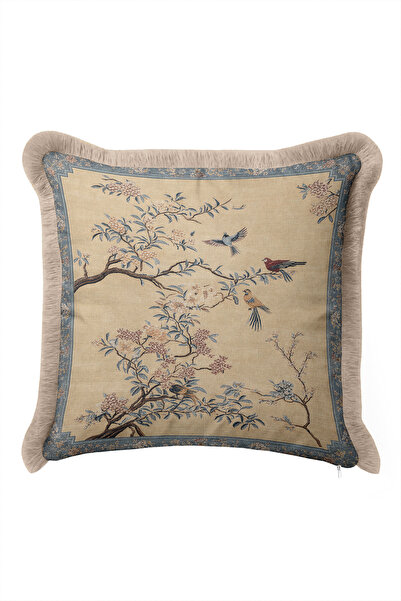 Evimde Bambaşka Japanese Garden Floral Fringed Pillowcase with Birds - Chinoi...