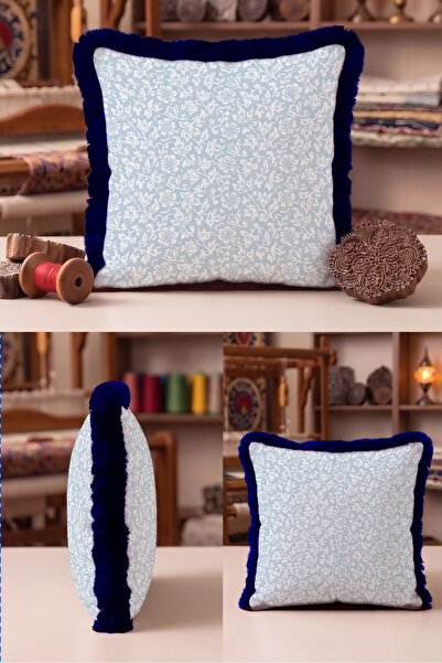 Evimde Bambaşka Floral Design Fringe Pillowcase - Vintage Botanical Light Blu...