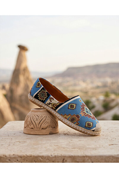 futsi shoes VIOLA Mavi Hakiki Deri Kilim Desenli Kadın Etnik Desen Espadril A...