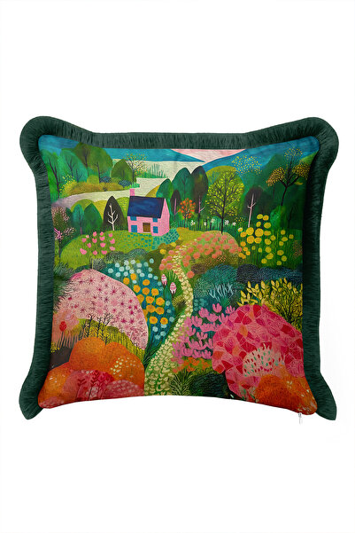 Evimde Bambaşka Botanical Garden Colorful Floral Fringed Pillow Cover - Fairy...