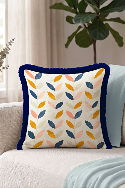Evimde Bambaşka Leaf Design Fringed Pillowcase-Geometric Botanical Nordic Nav...