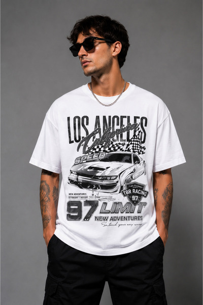 khufu White Oversize Fit Cotton Los Angeles Speed Back Printed Relaxed Cut Un...