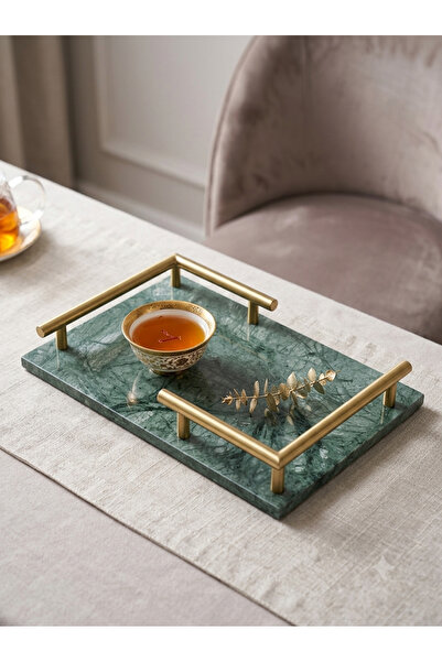 Adeem 30*20 Big Gold Handles Rectangle Oil Marble Serving Tray