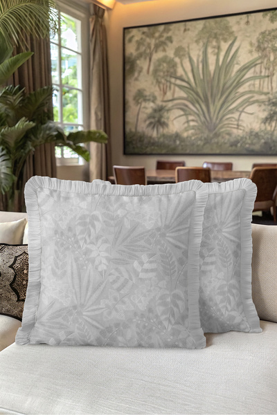 Evimde Bambaşka Elegant Fringed Pillowcase with Tropical Leaf Pattern - Botan...