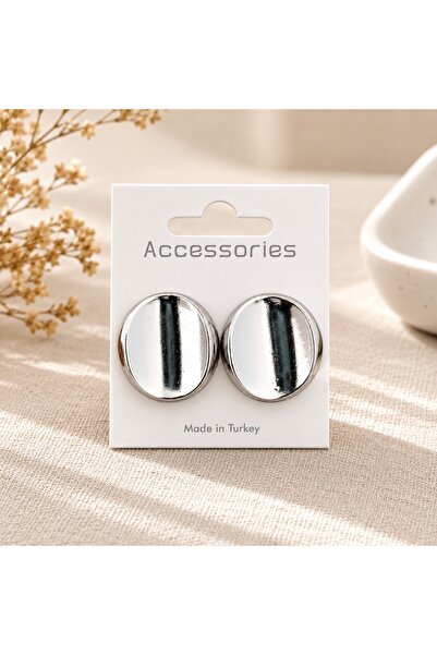 Lunavera Luxe Gümüş Renk Oval Minimal Kadın Küpe Parlak Metal Görünümlü Şık Küpe