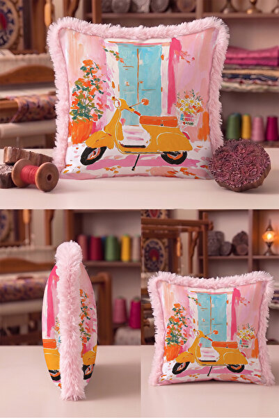 Evimde Bambaşka Vespa Floral Summer Pastel Fringe Pillowcase - Artistic Medit...