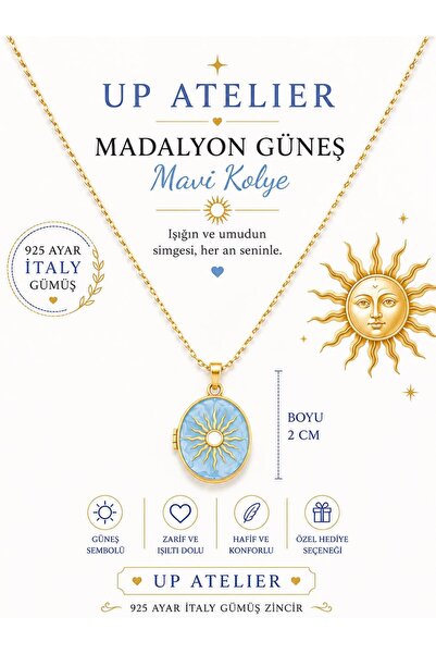 Up Atelier 925 Ayar Gümüş İthal Zincirli Ortası Beyaz Güneş Madalyon Kolye 40...