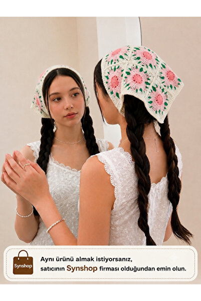synshop Bandană triunghiulară din plasă cu flori de cireș Sakura, roz crem, b...