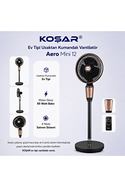 Koşar Aero Mini 12 Ev Tipi Vantilatör – Sarhoş Model (9 Hız Kademeli & Kumand...