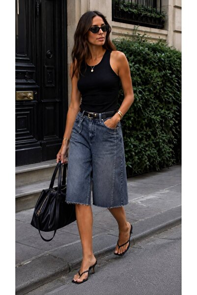 soBasic Women's High Waist Jeans Denim Bermuda Shorts Relaxed Fit Above Knee ...