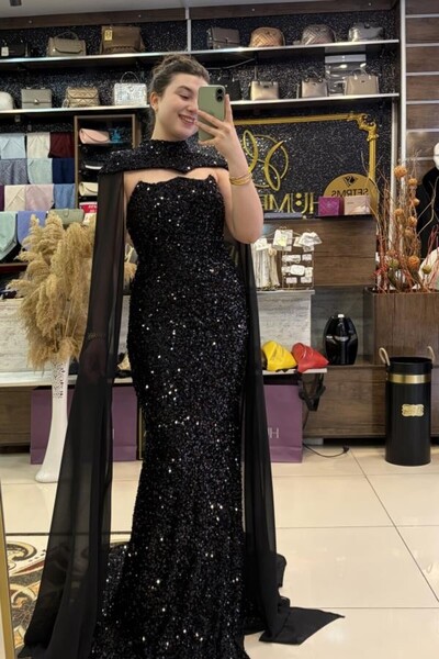 HÜMEYRA BUTİK Sequined Evening Dress with Shoulder Cape