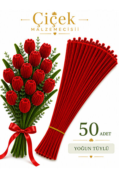 KLC Çiçek Malzemecisii Kırmızı Yoğun Tüylü Şönil Tel | 30 CM | 50 Adet | Çiçe...