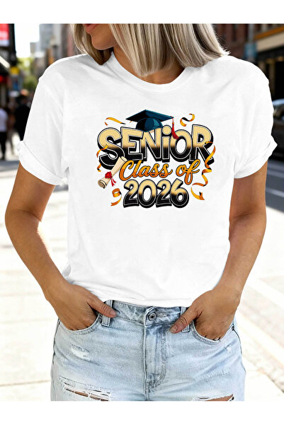 LİNA06 تي شيرت نسائي مطبوع برقبة مستديرة وأكمام قصيرة من Season SENIOR Class ...